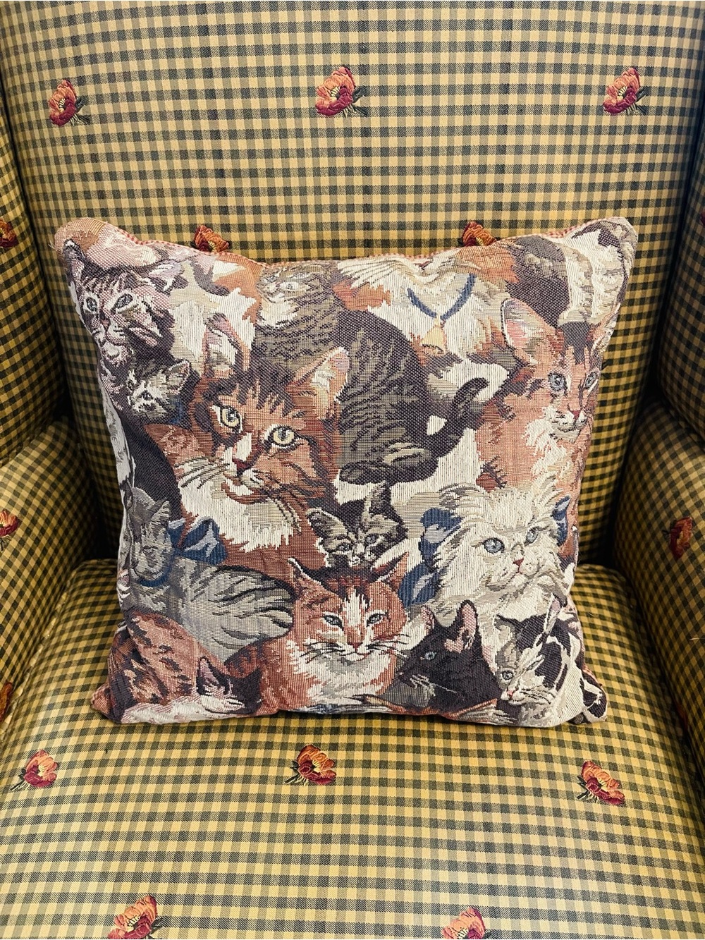 Vintage 90s Tapestry Decorative 12X12 Cat Pattern Throw Pillow